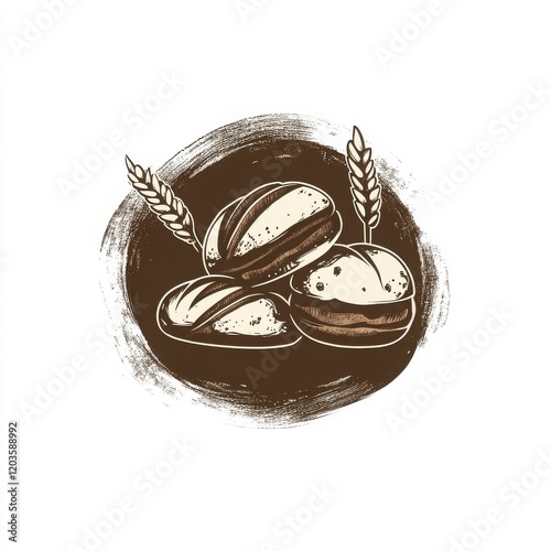 Freshly Baked Bread Illustration: A hand-drawn illustration of three rustic bread rolls, with wheat stalks peeking out from the background. The warm.