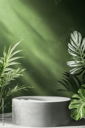 Elegant display of lush green plants and smooth round pedestal against a serene backdrop in soft sunlight