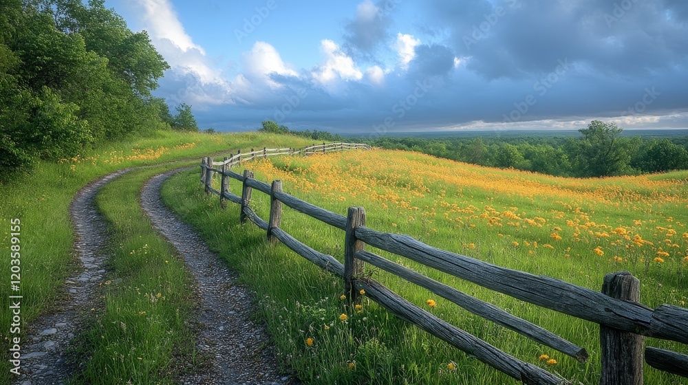 Scenic path through vibrant wildflower field with a wooden fence leading to a distant horizon under a cloudy sky Scenic path through vibrant wildflower field with a wooden fence leading to a distant horizon under a cloudy sky