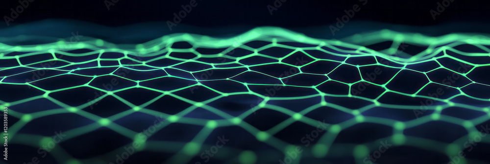 A dynamic molecular design featuring glowing hexagonal patterns in shades of green and blue over a dark gradient background, A dynamic molecular design featuring glowing hexagonal patterns in shades of green and blue over a dark gradient background,