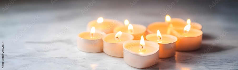 A serene arrangement of lit candles on a smooth surface, creating a calming ambiance. A serene arrangement of lit candles on a smooth surface, creating a calming ambiance.