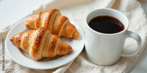 A delightful morning repast featuring golden-brown croissants and a steaming cup of dark coffee, presented on a simple white plate and soft linen tablecloth.