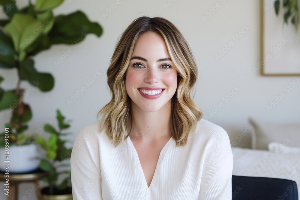 Smiling woman, home office, plants, video call Smiling woman, home office, plants, video call