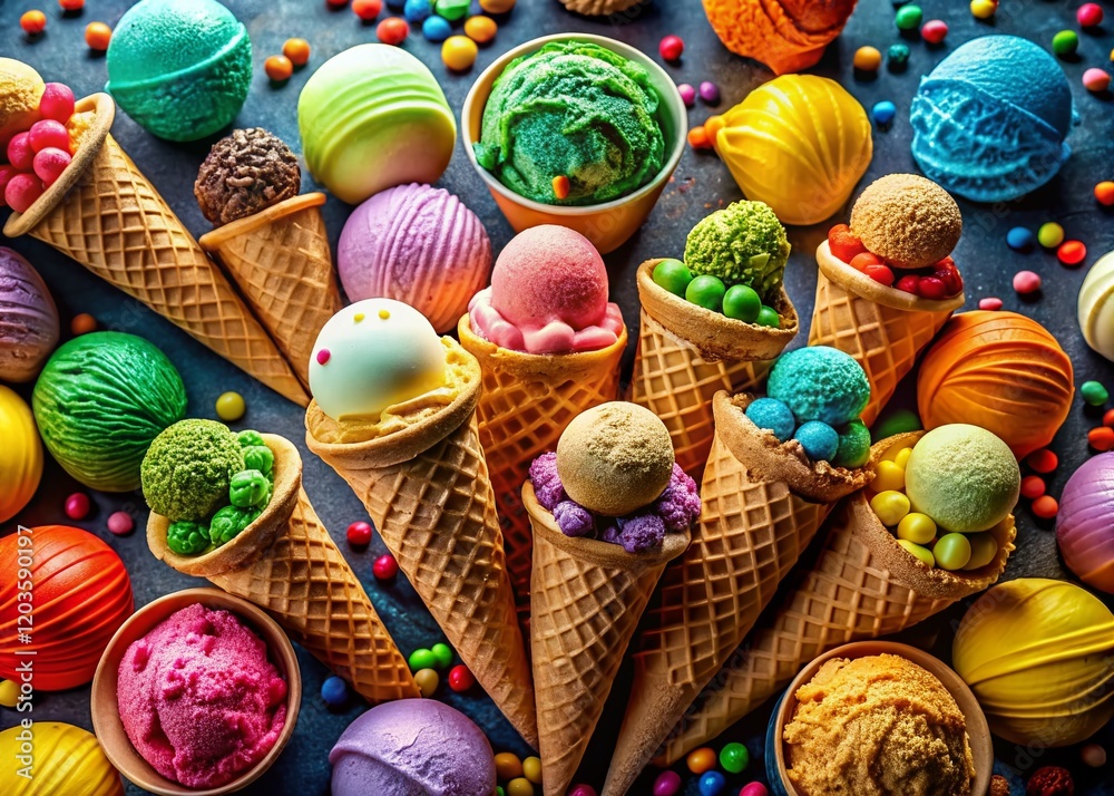 Colorful Ice Cream Waffle Cones Summer Treats Dessert Food Photography Colorful Ice Cream Waffle Cones Summer Treats Dessert Food Photography