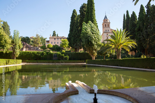 Fountain of Partal Palace, a palatial structure inside the Alhambra fortress complex located in Granada, Spain.