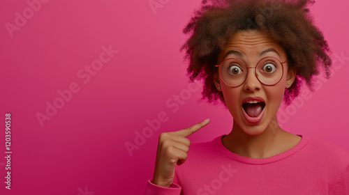 Beautiful Surprised Woman Pointing Aside with Blank Space for Advertising Content