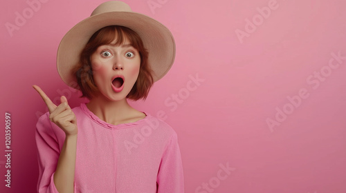 Beautiful Surprised Woman Pointing Aside with Blank Space for Advertising Content