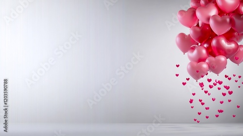 Pink heart balloons softly float against a bright white background creating a romantic tender ambiance. AI Generated