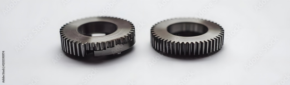 Two metallic gears with teeth, used in machinery for power transmission. Two metallic gears with teeth, used in machinery for power transmission.