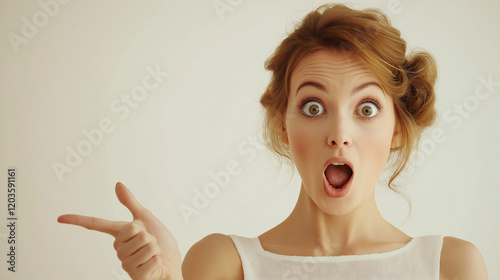 Beautiful Surprised Woman Pointing Aside with Blank Space for Advertising Content