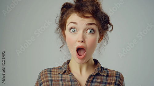Beautiful Surprised Woman Pointing Aside with Blank Space for Advertising Content