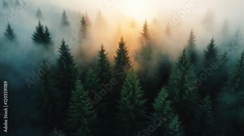 An enchanting misty forest scene at dusk, illuminated by golden light peeking through the trees, evoking feelings of wonder and peace in nature.