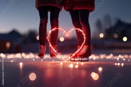 Non-binary couple ice skating in a heart-shaped rink, surrounded by glowing red and pink lights, winter Valentine celebration photo