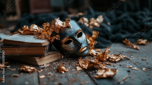 An elegant black mask sits amongst torn book pages and crumpled foil, representing themes of transformation, identity, and the power of stories yet untold in a dramatic setting. photo