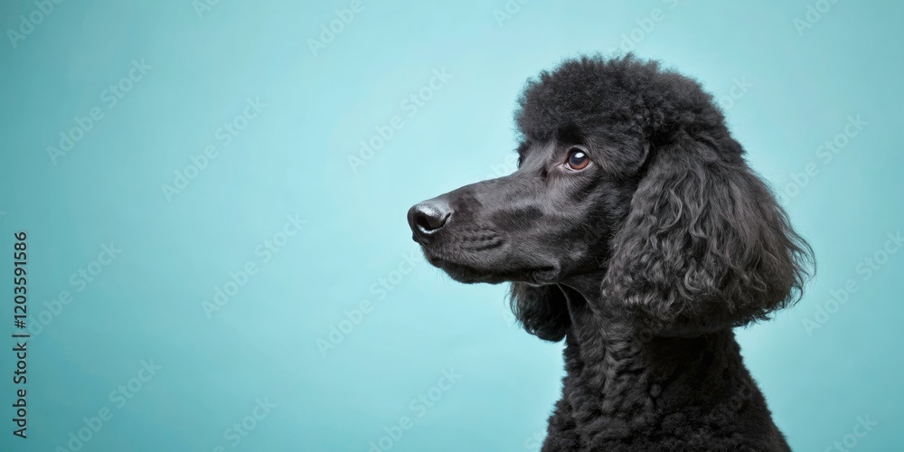Minimalist Profile of a Black Poodle Gazing Away on a Soft Blue Pastel Background - Elegant Canine Photography for Pet Lovers, Home Decor, and Modern Art Minimalist Profile of a Black Poodle Gazing Away on a Soft Blue Pastel Background - Elegant Canine Photography for Pet Lovers, Home Decor, and Modern Art