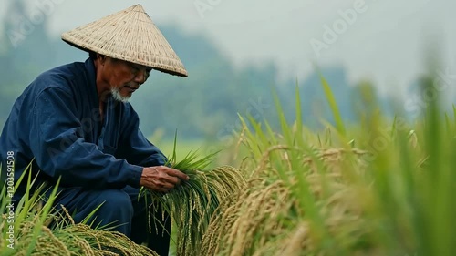 Rice harvest in Malaysia: a farmer harvesting rice, wearing blue and a straw hat, working hard in the green field paddy. Photograph of an isolated man planting paddy grass. 