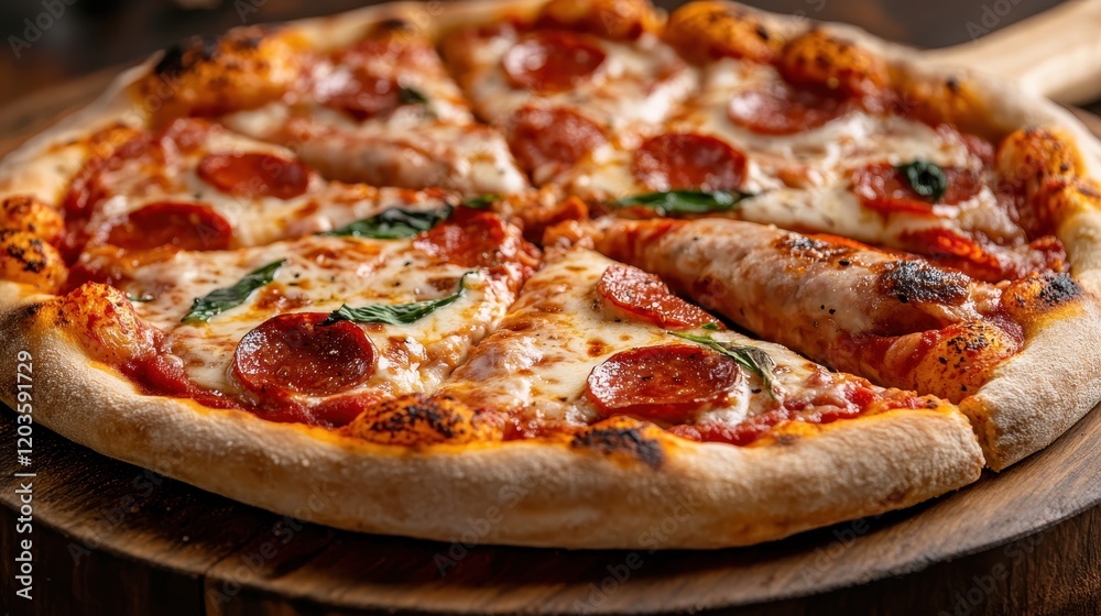 A delicious pepperoni pizza is presented, topped with fresh basil and mozzarella, enticingly showcasing its golden crust and melted cheese, inviting you to indulge. A delicious pepperoni pizza is presented, topped with fresh basil and mozzarella, enticingly showcasing its golden crust and melted cheese, inviting you to indulge.