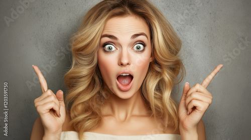 Beautiful Surprised Woman Pointing Aside with Blank Space for Advertising Content