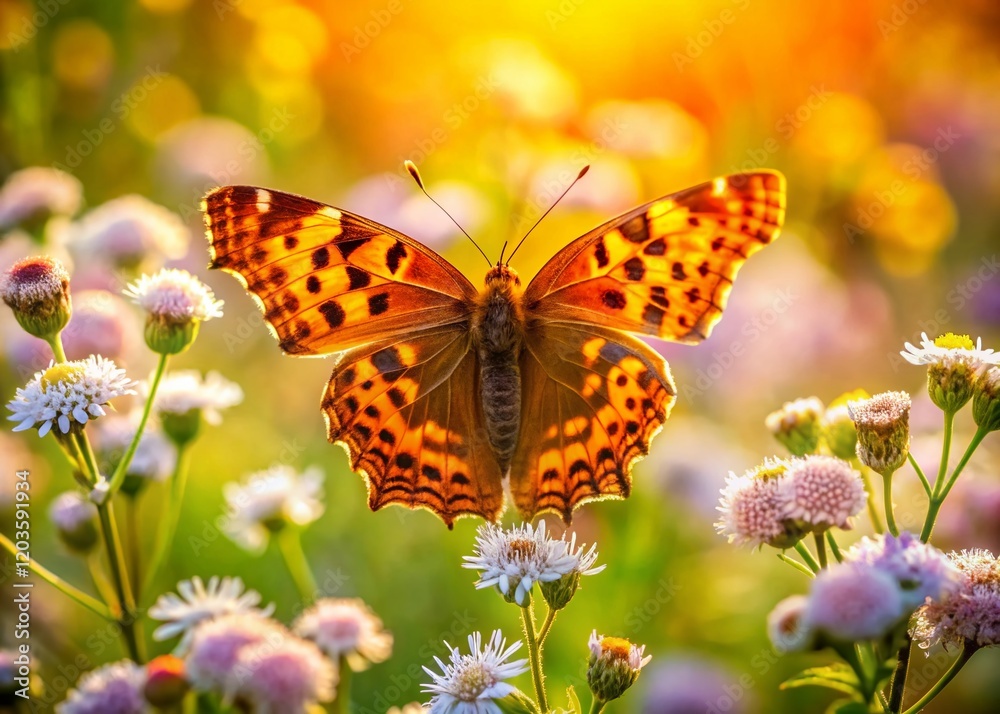 Comma Butterfly on Wildflowers, Vibrant Meadow Landscape Photography Comma Butterfly on Wildflowers, Vibrant Meadow Landscape Photography