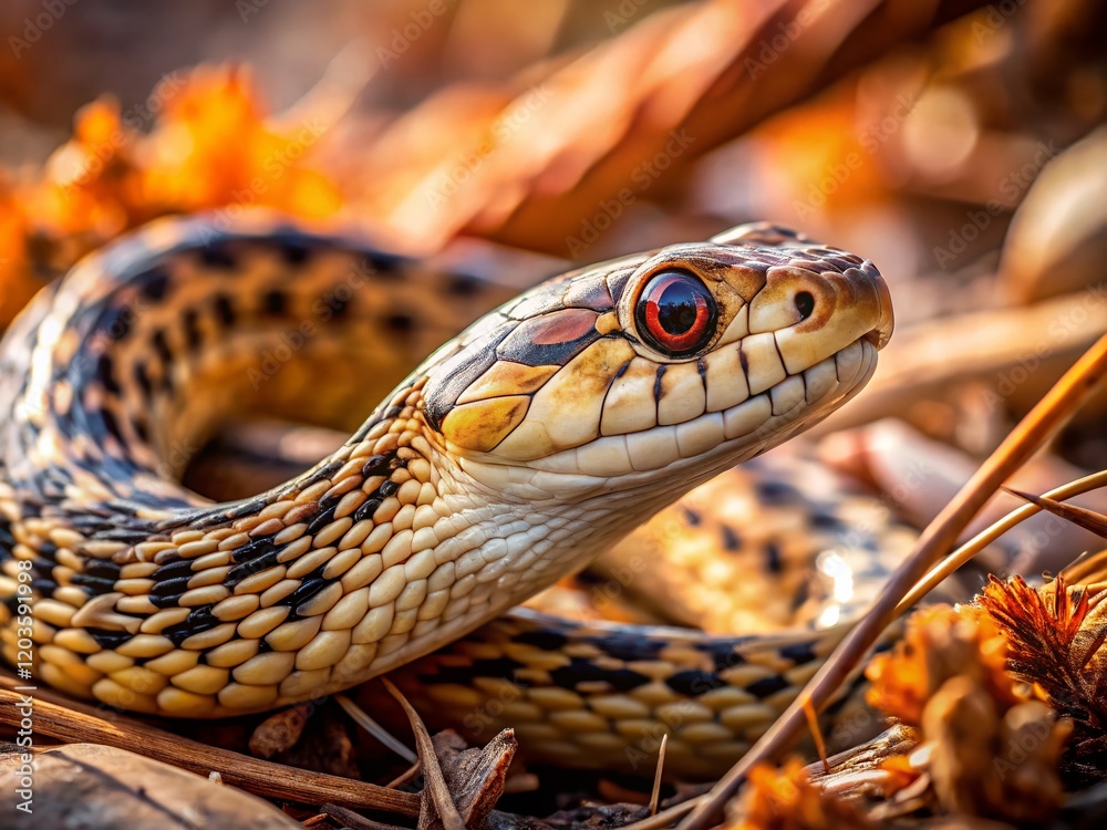 Obraz premium Common Gopher Snake Hidden in Dry Forest Brush - Bokeh Effect Stock Photo