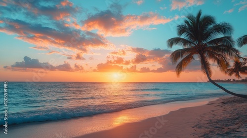 Serene Tropical Beach at Sunset with Vibrant Sky and Palm Trees creating a calming atmosphere