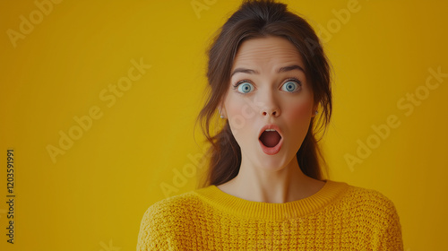 Beautiful Surprised Woman Pointing Aside with Blank Space for Advertising Content