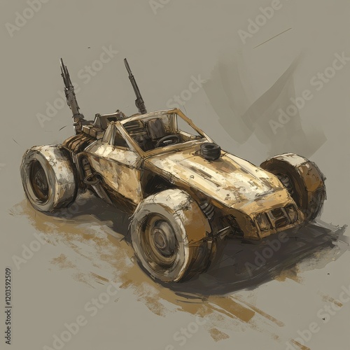 Post-Apocalyptic Buggy: A rugged, weathered, and armed buggy in a digital illustration style.  It evokes the gritty realities of a post-apocalyptic world. The weathered.