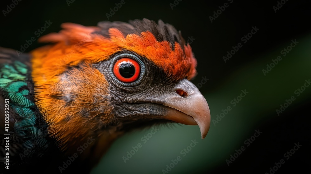 A majestic bird with striking red eyes and vibrant plumage sitting amidst greenery, symbolizing nature's artistry and the intricate tapestry of life. A majestic bird with striking red eyes and vibrant plumage sitting amidst greenery, symbolizing nature's artistry and the intricate tapestry of life.