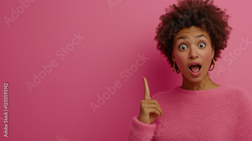 Beautiful Surprised Woman Pointing Aside with Blank Space for Advertising Content