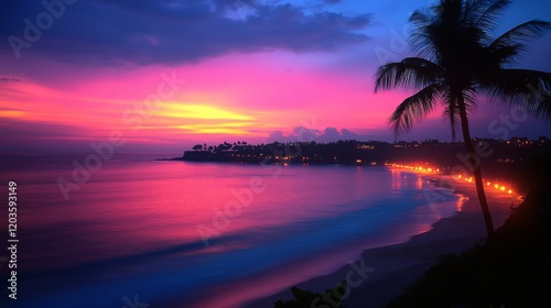 Spectacular tropical sunset over ocean with vibrant pink and blue hues and palm tree silhouettes