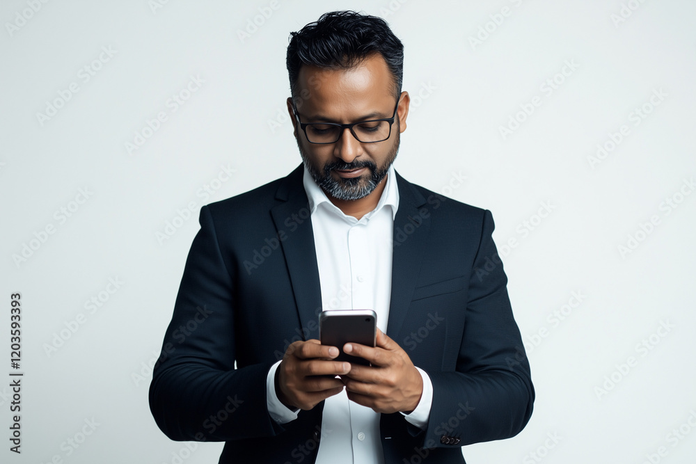 Indian business man using mobile phone wearing formal dress in a white background Indian business man using mobile phone wearing formal dress in a white background