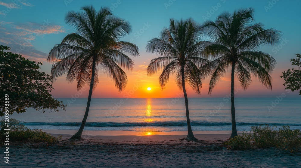 Golden sunrise illuminating a serene tropical beach with palm trees and gentle waves creating a calming coastal scenery at dawn Golden sunrise illuminating a serene tropical beach with palm trees and gentle waves creating a calming coastal scenery at dawn