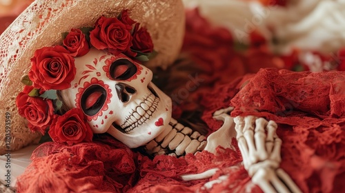 This image showcases an embellished skull with roses and lace fabric, representing the beautiful juxtaposition of life and death in traditional celebrations like Día de los Muertos. photo