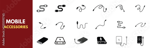 A comprehensive set of minimalist line icons depicting mobile phone accessories including SIM tools, cables, stands, earbuds, headphones, and connectors. Mobile gadgets.