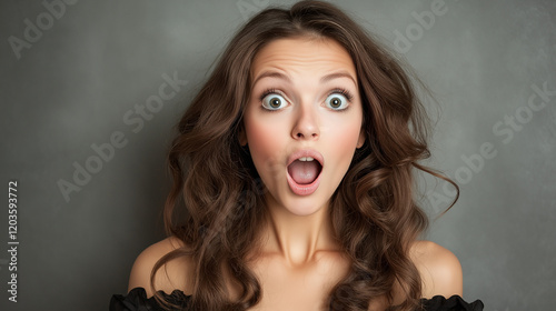 Beautiful Surprised Woman Pointing Aside with Blank Space for Advertising Content