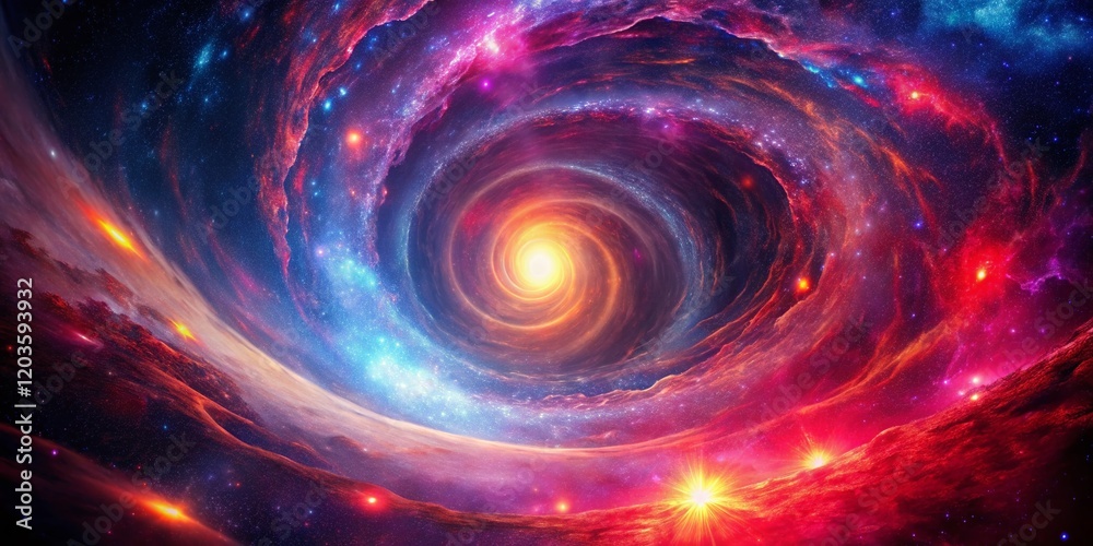 Cosmic Spiral: Red & Purple Galaxy Light Tunnel Double Exposure Stock Photo