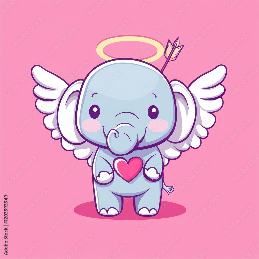 Fototapeta premium Cute elephant angel holding heart, valentines day