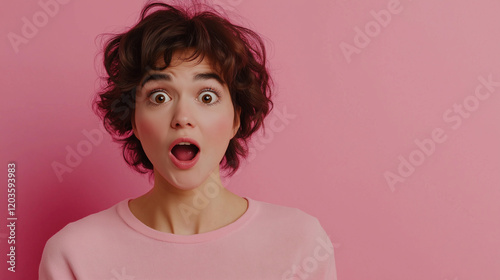 Beautiful Surprised Woman Pointing Aside with Blank Space for Advertising Content