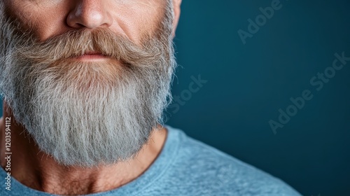 A captivating close-up of a mature man with a gray beard against a blue backdrop portrays wisdom and experience, encapsulating a myriad of emotions and stories within.