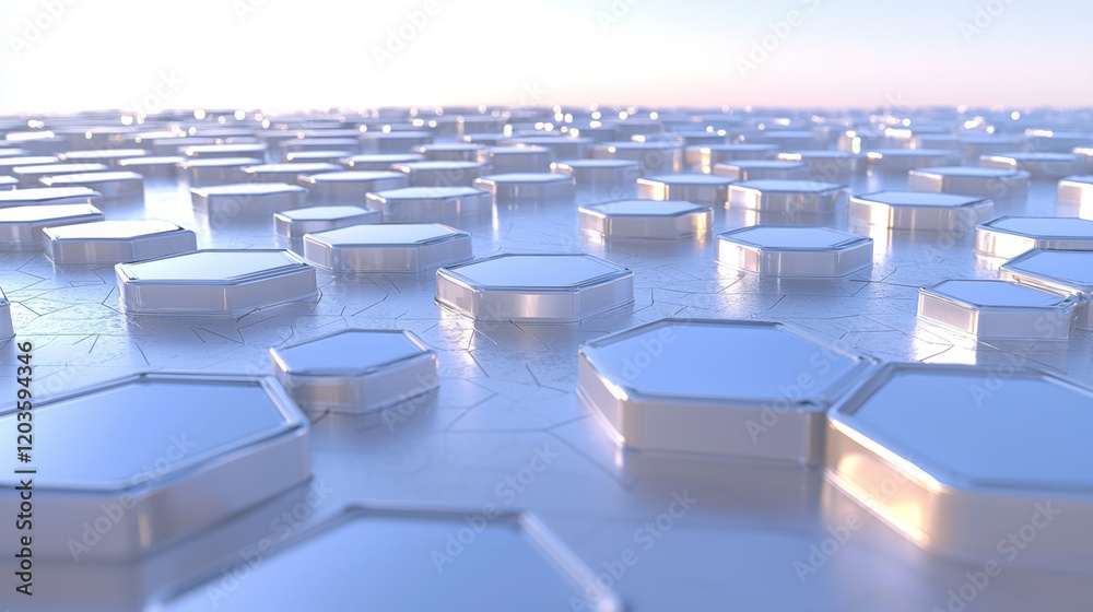 Obraz premium Hexagonal platforms, futuristic landscape, abstract design.