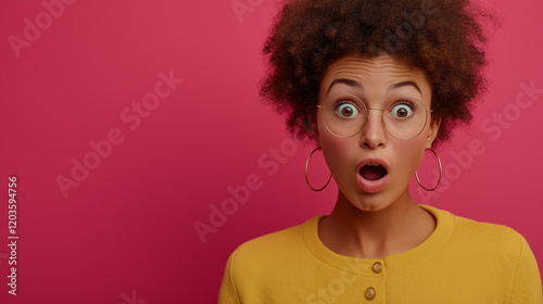 Beautiful Surprised Woman Pointing Aside with Blank Space for Advertising Content