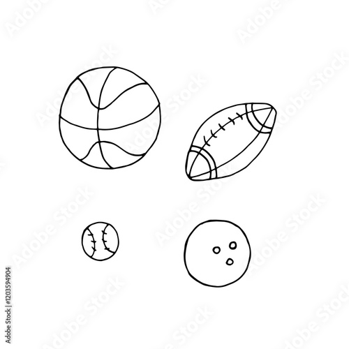 Set of different sports balls. Vector outline black and white doodle illustration of basketball, bowling ball, tennis ball and rugby ball.