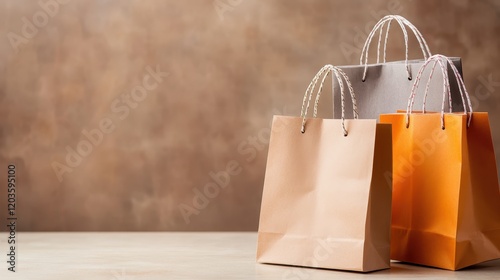 An aesthetically pleasing arrangement of shopping bags in neutral tones resting on a minimalist table, symbolizing consumerism and modern lifestyle while inviting viewers to partake in a shopping exp