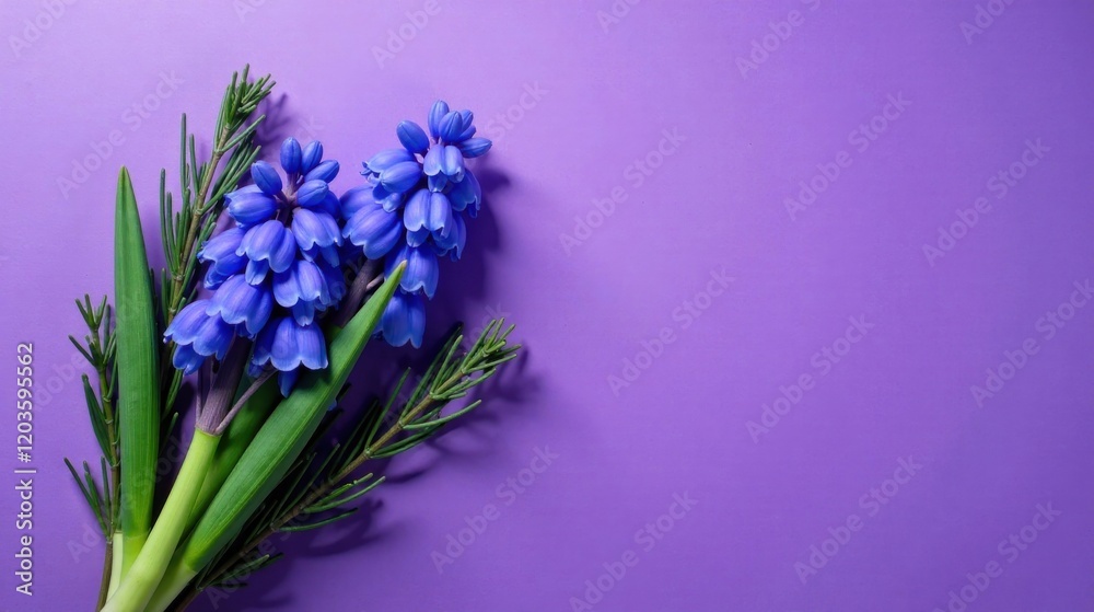 Fototapeta premium Vibrant Purple Background Featuring a Delicate Arrangement of Blue Muscari Flowers and Sprigs of Greenery