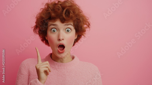 Beautiful Surprised Woman Pointing Aside with Blank Space for Advertising Content