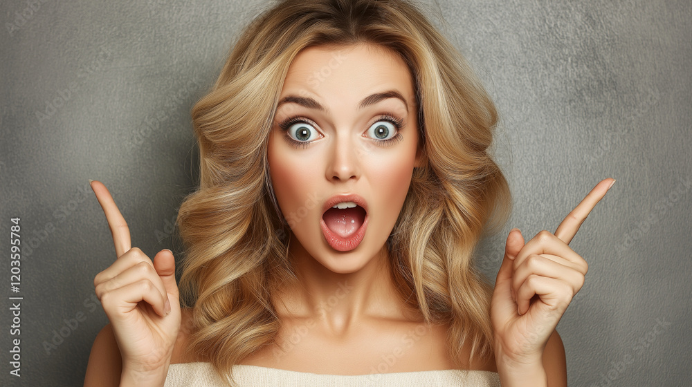 Obraz premium Beautiful Surprised Woman Pointing Aside with Blank Space for Advertising Content