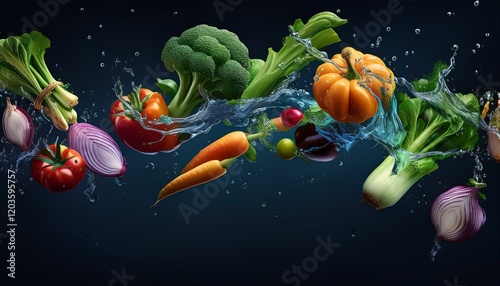 Vegetables water splash and slow speed flying food concept banner on dark background photo