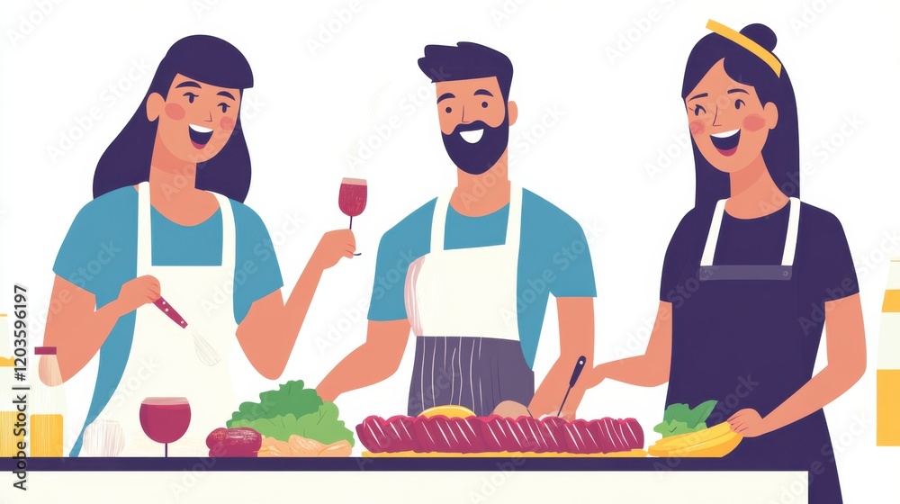 Three cheerful individuals cooking together in a kitchen, preparing a vibrant meal with fresh ingredients