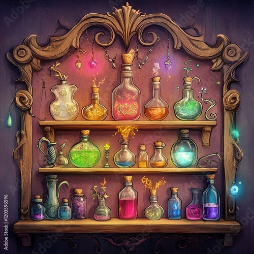 Mystic Apothecary Shelf: A richly detailed illustration showcasing an ornate wooden shelf brimming with an array of colorful potion bottles, glowing with magical energy.