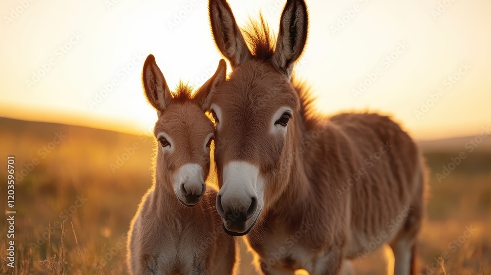 A heartwarming close-up of a mother donkey and her foal, highlighting their endearing relationship set against a breathtaking sunset, symbolizing love and connection in nature. A heartwarming close-up of a mother donkey and her foal, highlighting their endearing relationship set against a breathtaking sunset, symbolizing love and connection in nature.